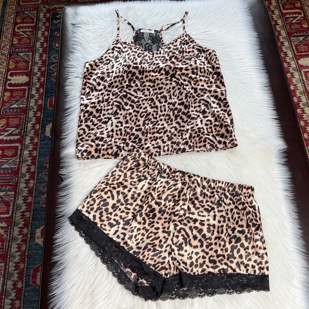 Leopard Print Satin PJ Cami Shorts Set - Picture 2 of 7